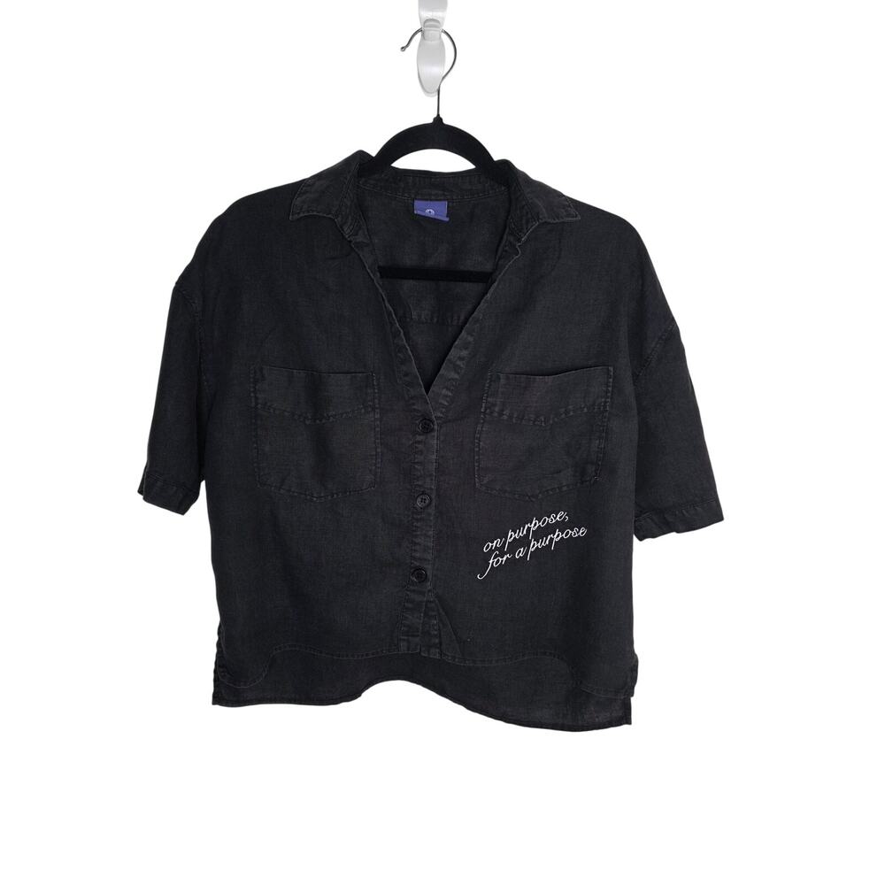 MONAT Black 100% Linen Short Sleeve Button Front Top Embroidered, Monochrome S